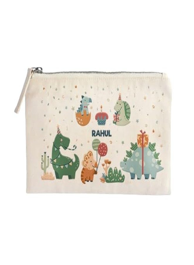 Zooboo Catch All Pouch Personalized with Kid's Names, 100% Cotton with Zipper, Pencil Pouch for Boys and Girls, School Supply Stationery Box Organizer for Students Dino Party - Image 1